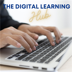 teacher hands typing on laptop with Digital Learning Hub lettering